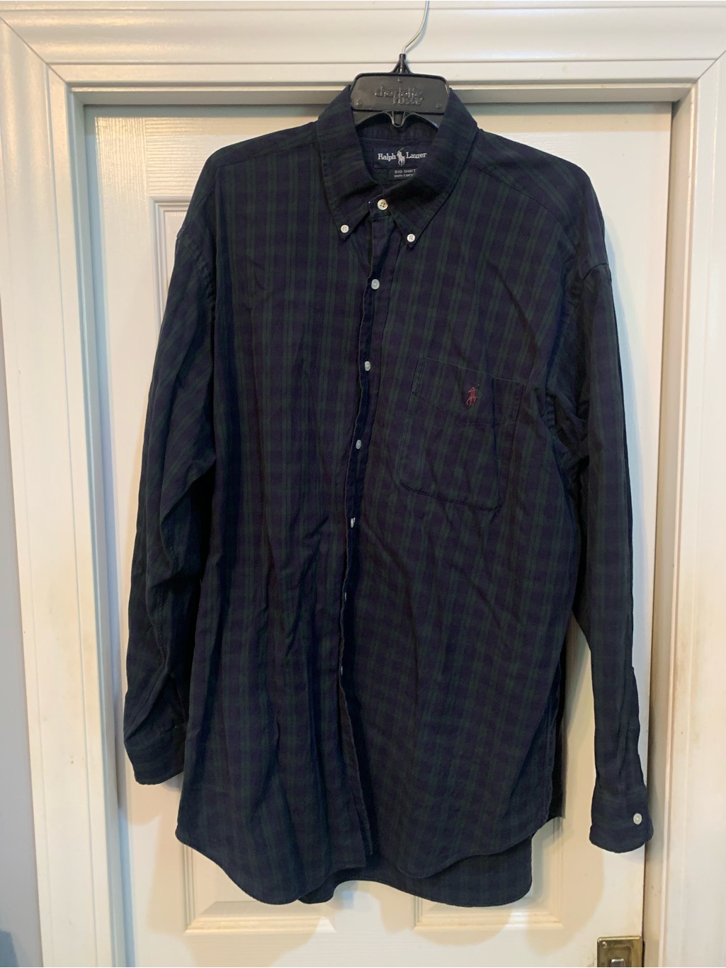 Ralph Lauren Mens Dark Navy And Green Plaid Button-Down Shirt Like New